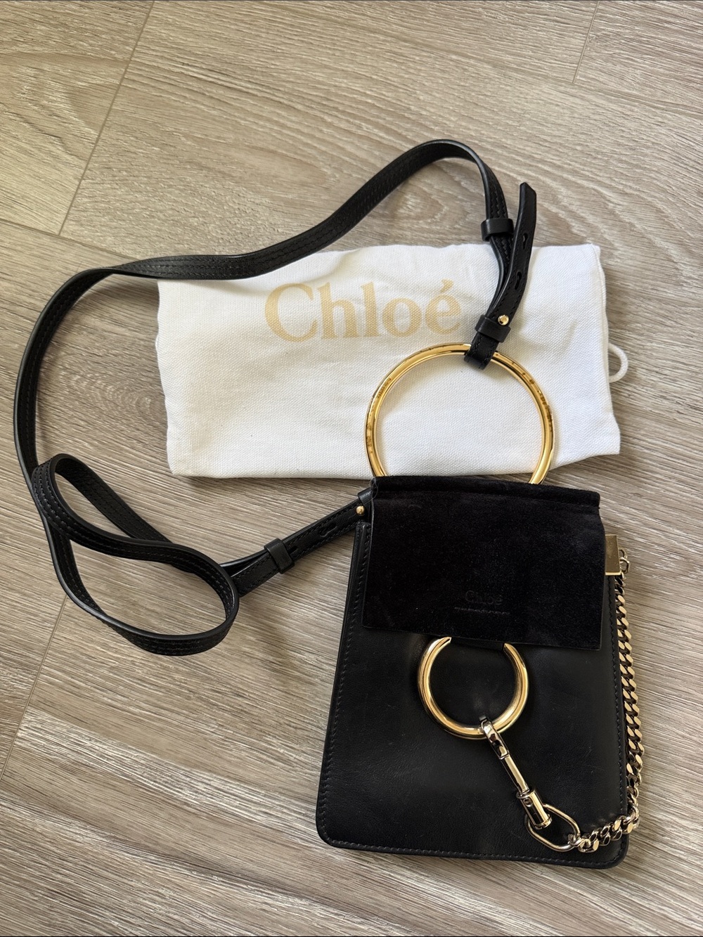 Chloé Black Leather and Suede Crossbody with Gold Rings